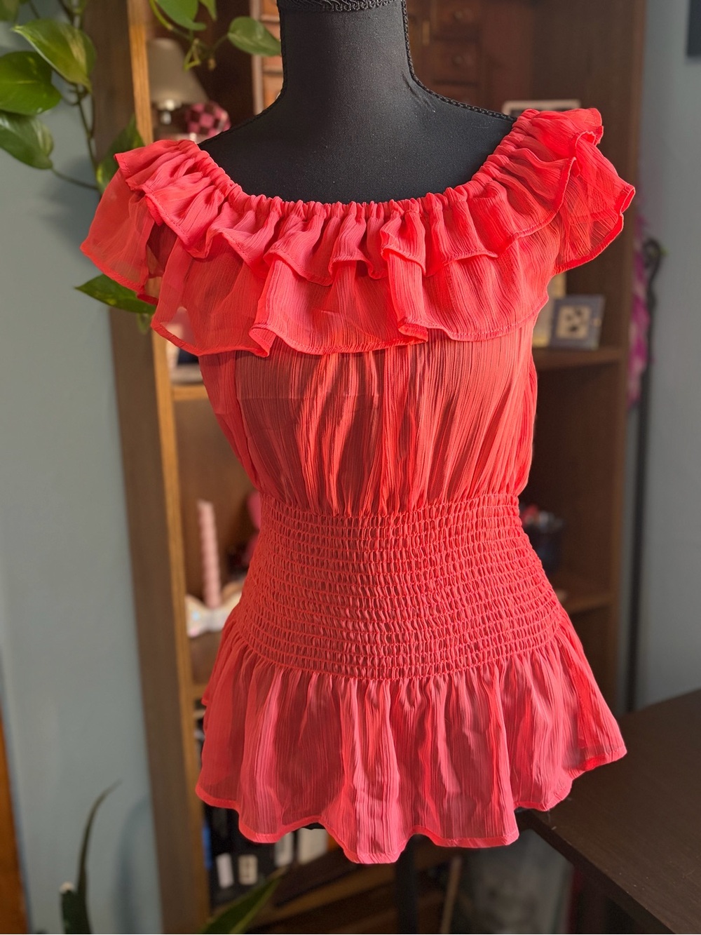 Poetry Ruffled Off-Shoulder Sheer Women’s Top in Coral Pink/Red